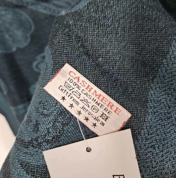 NWT Jerusalem Teal Floral Butterfly Patterned Cashmere Shawl with Fringe - Picture 3 of 4